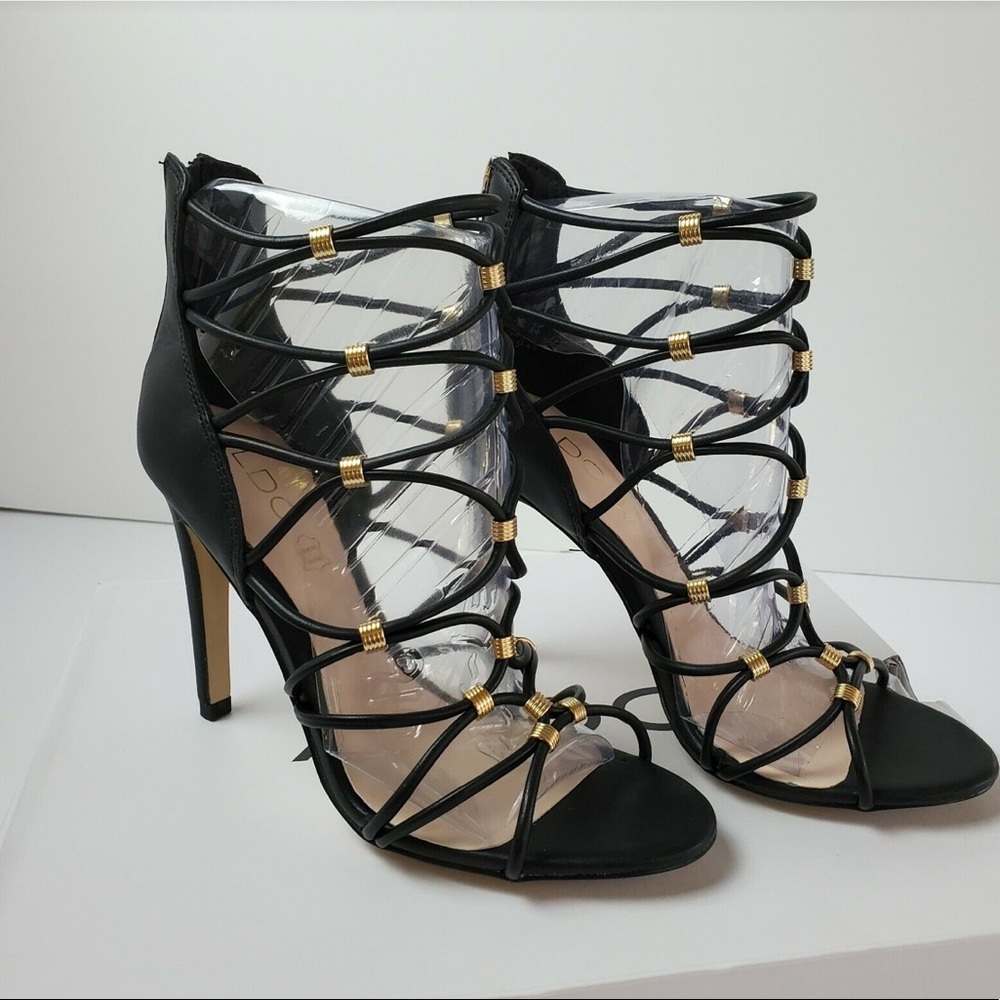 Aldo Womens Heels Peterbell Sexy Strap Pumps shoes size 8 Black & Gold Accents